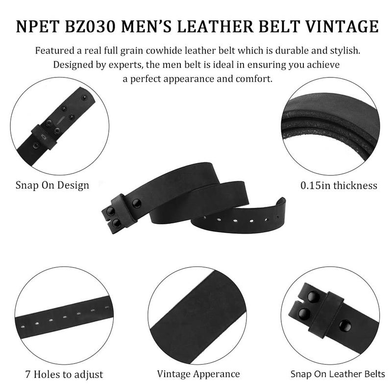 NPET Mens Leather Belt Full Grain Vintage Distressed Style Snap on Strap 1 1/2" Wide (For 36"-38" waist, Black) - Image 4